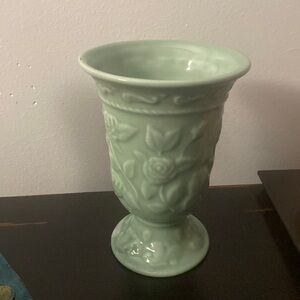 Ceramic green vintage vase 7” tall